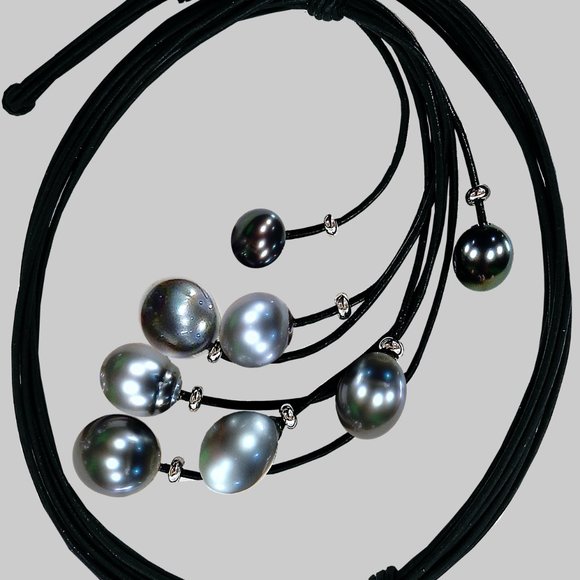 TAHITIAN South Sea 8 BLACK PEARLS Lariat necklace - Picture 2 of 8